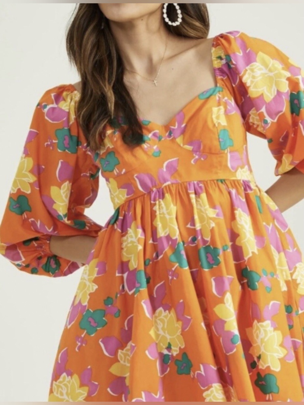 Altar'd State Boho Orange Floral Babydoll Dress With Puff Sleeves  Size:M NWOT